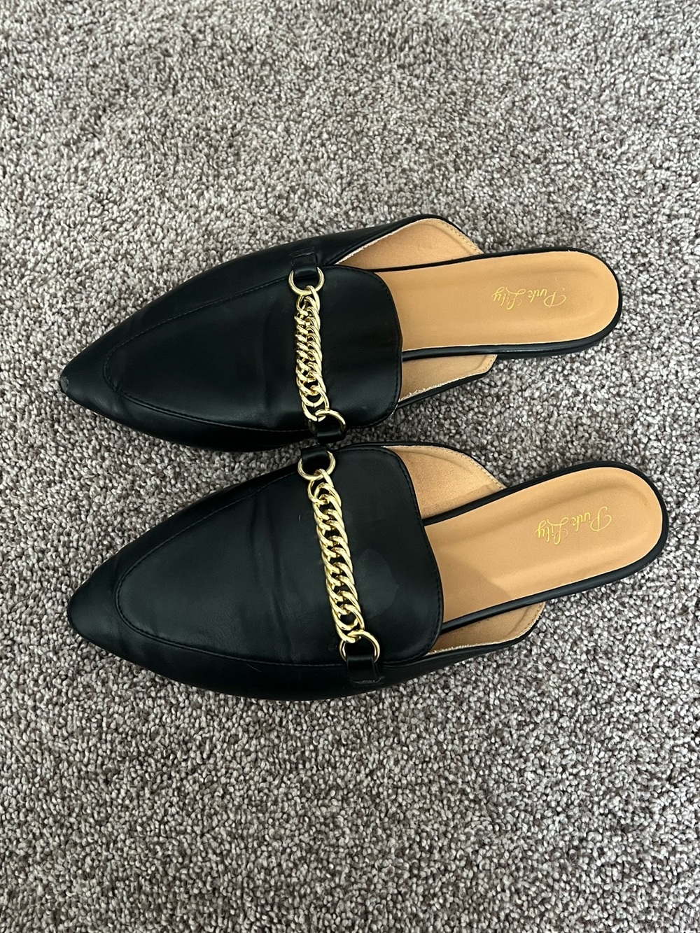 Pink Lily Black Pointed Mules with Gold Chain Accent